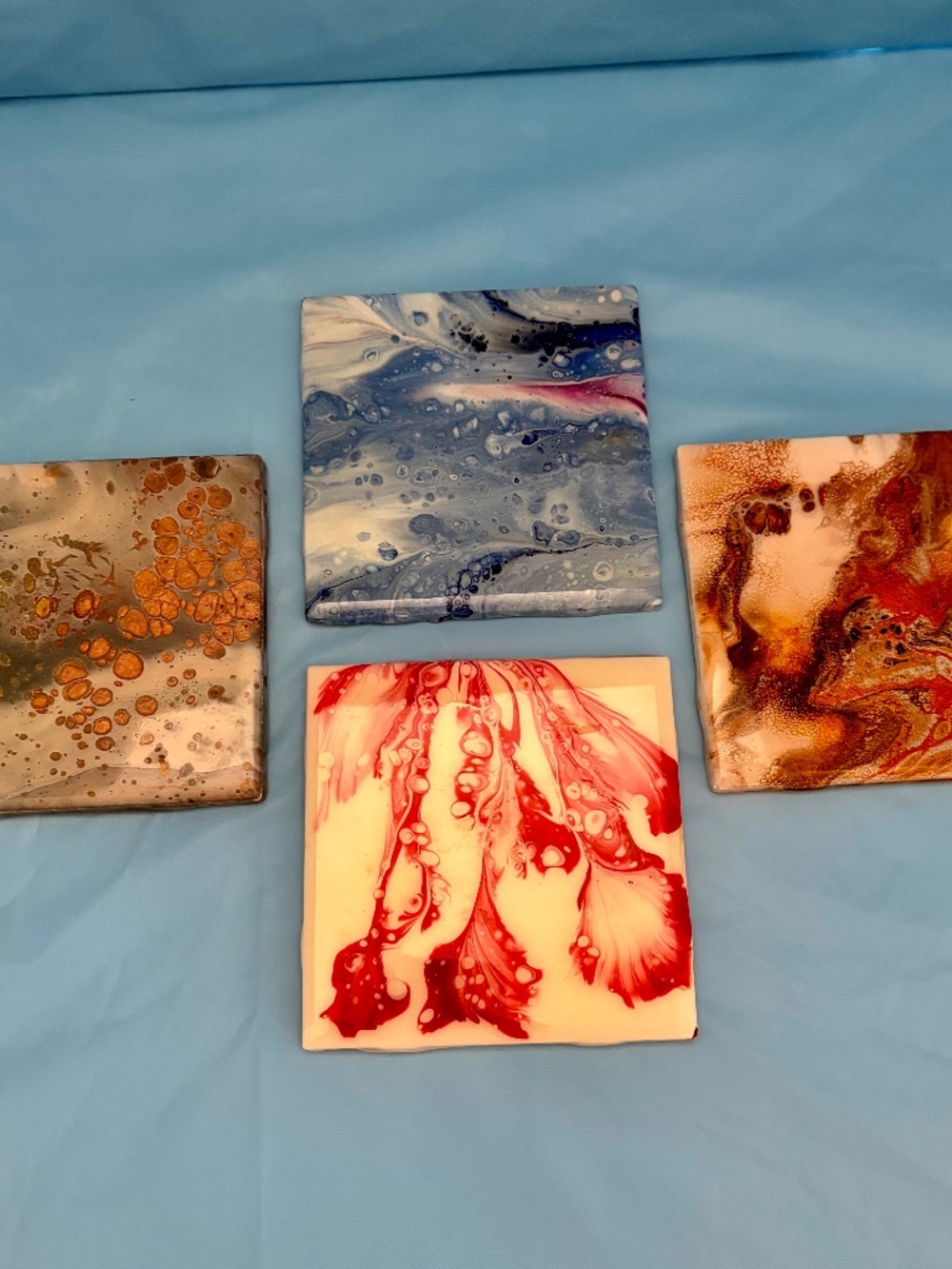 4 Handmade Fluid Art Coasters Cerami Acrylic Pour Glossy Resin Finish 4.25x4.25
